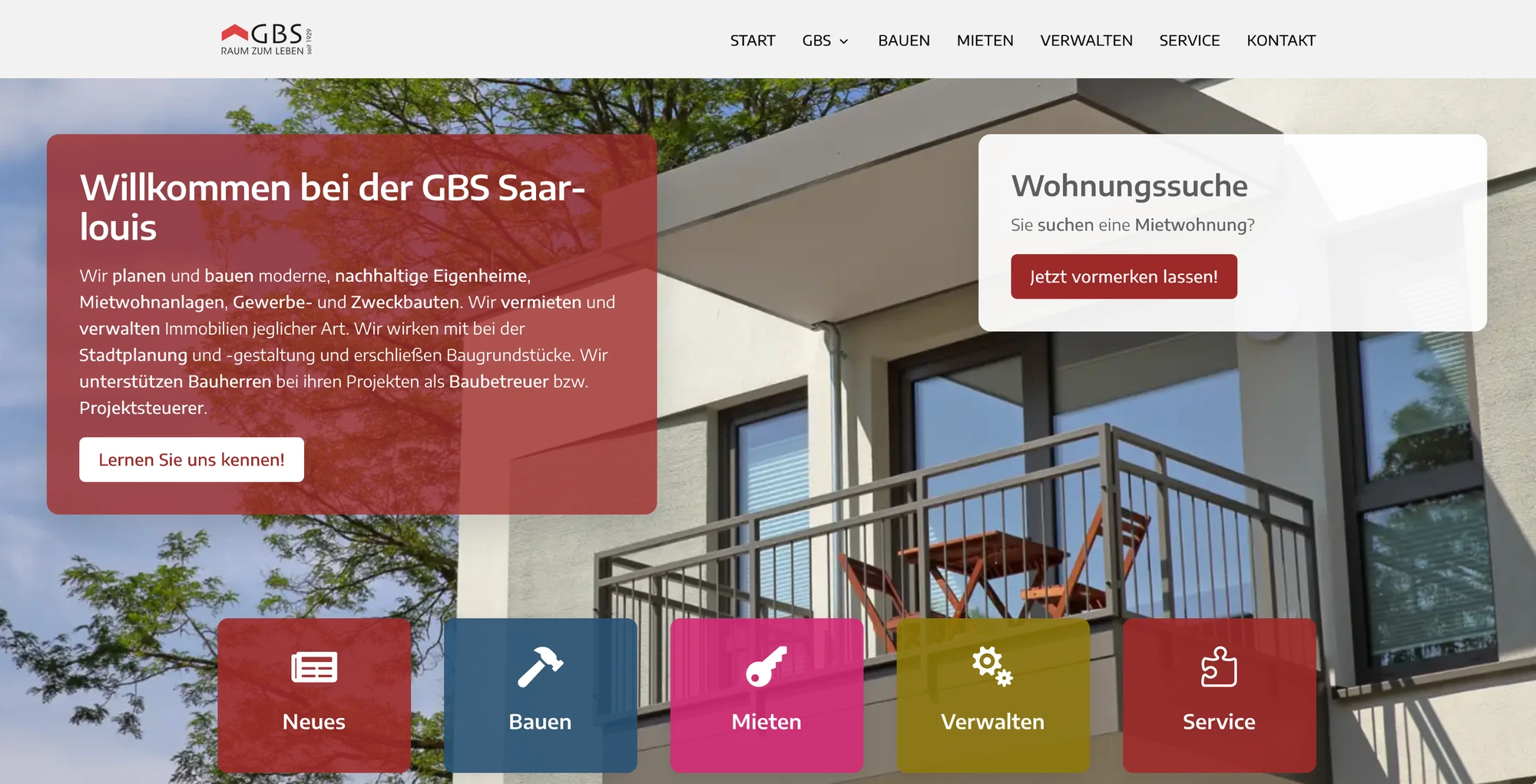 GBS Saarlouis: vollständiger Website-Screenshot mit Hauptmenü und Servicebereichen, September 2026