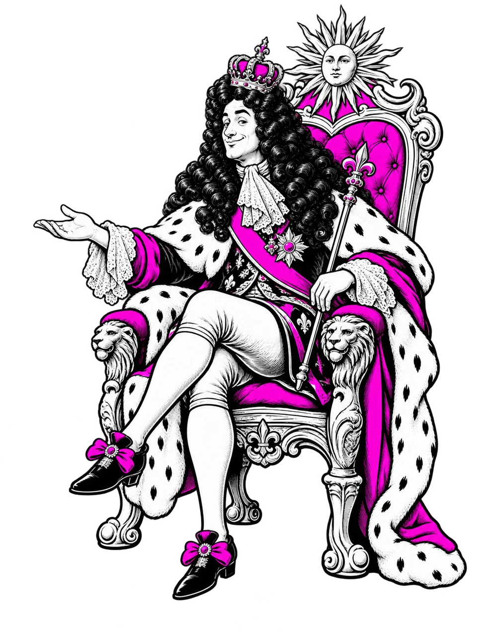 Humorvolle Comic-Illustration von Sonnenkönig Ludwig XIV. auf seinem Thron.